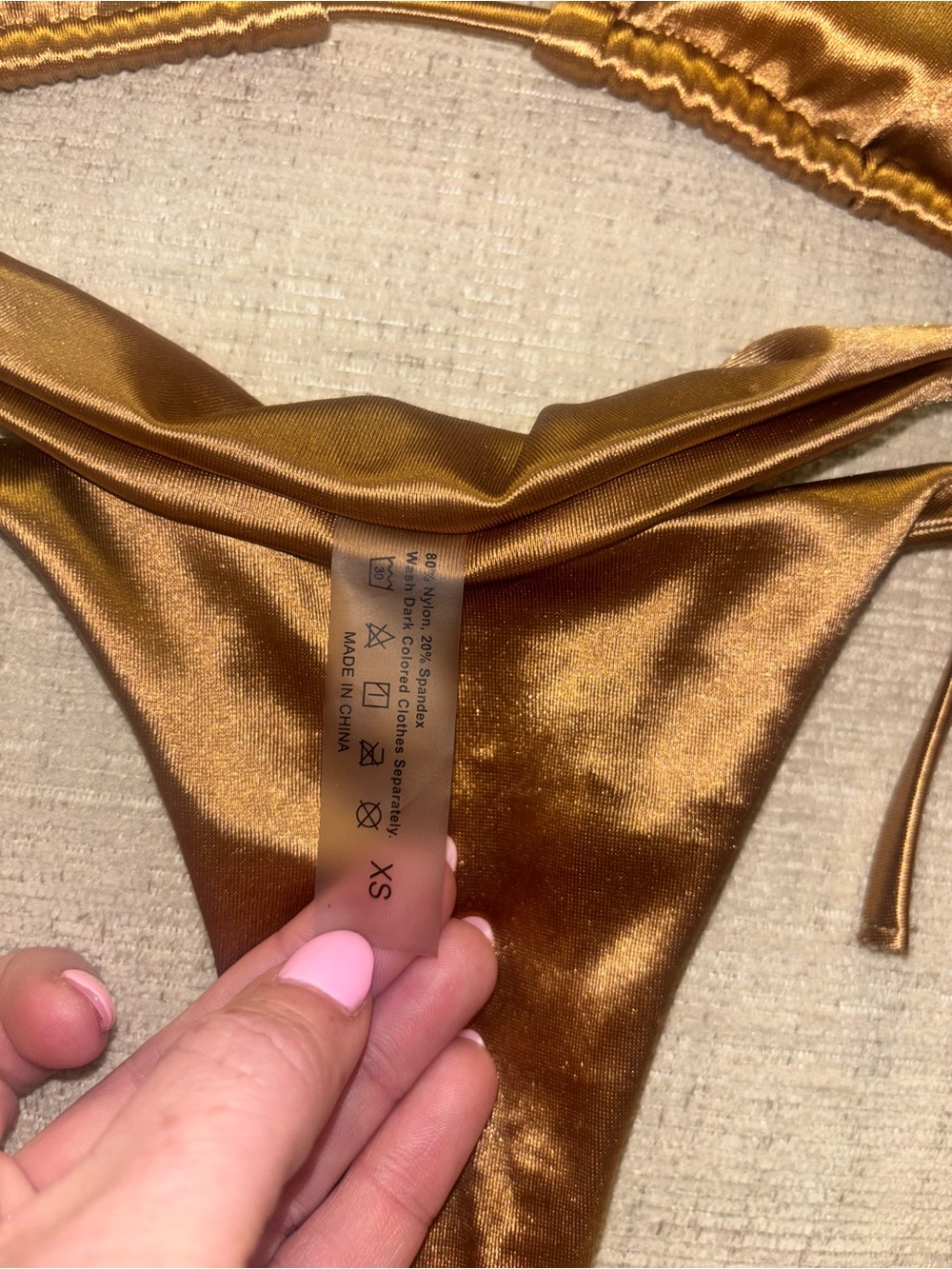 Metallic Bronze String Bikini Set XS Shiny Triangle Top High Cut Thong Vacation - Picture 6 of 7